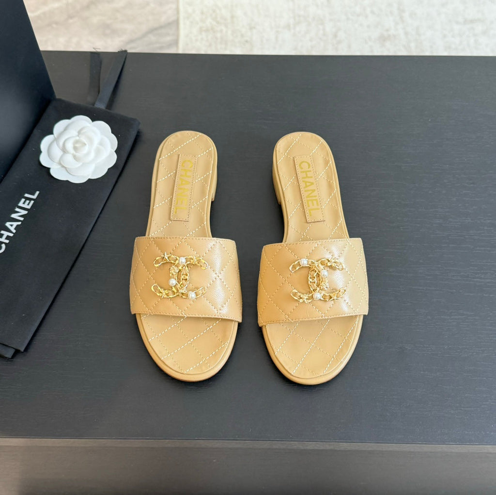 CHANEL SLIPPERS BEIGE CREAM QUILTED LAMBSKIN