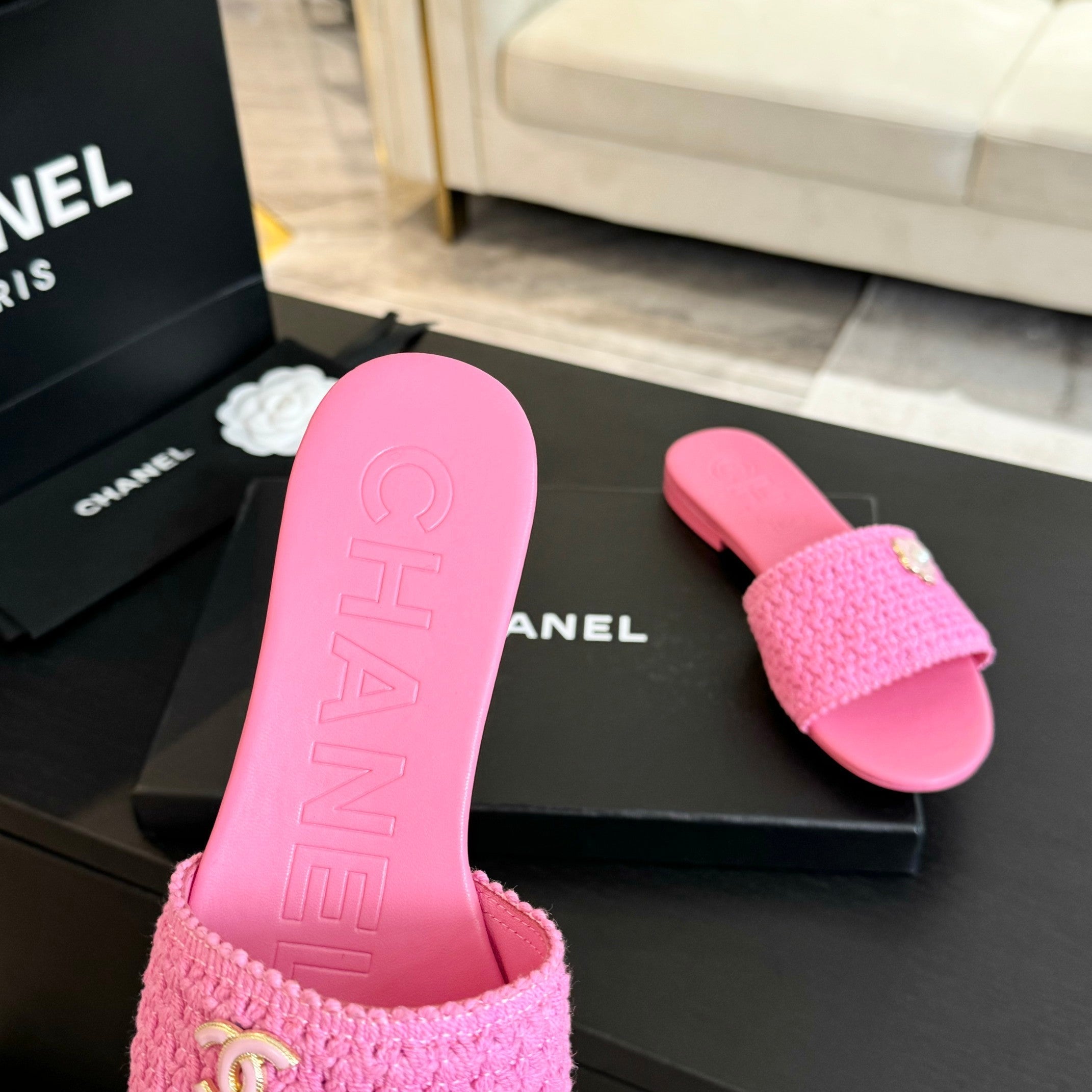 CHANEL BRIGHT PINK WOVEN FLAT SLIPPERS