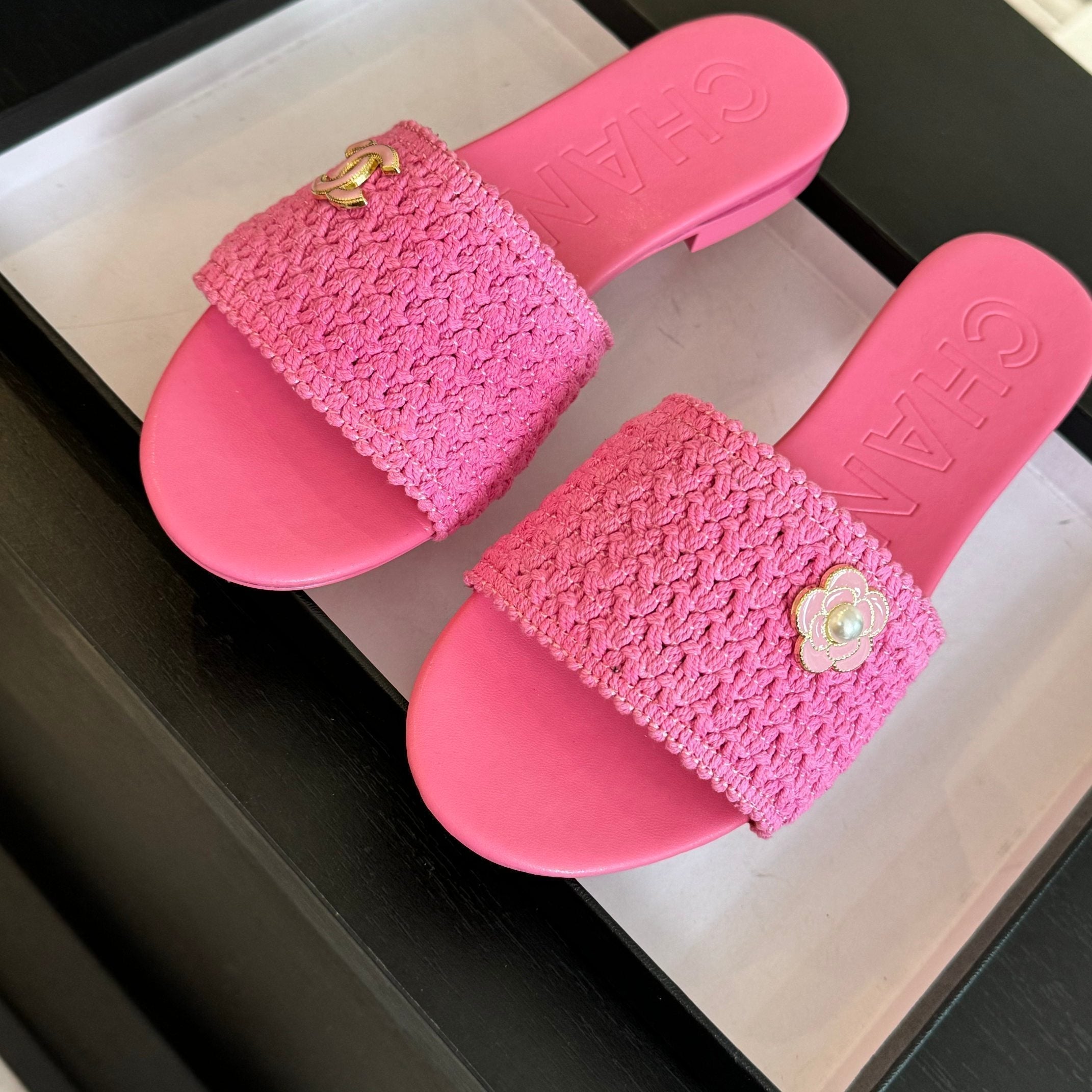 CHANEL BRIGHT PINK WOVEN FLAT SLIPPERS