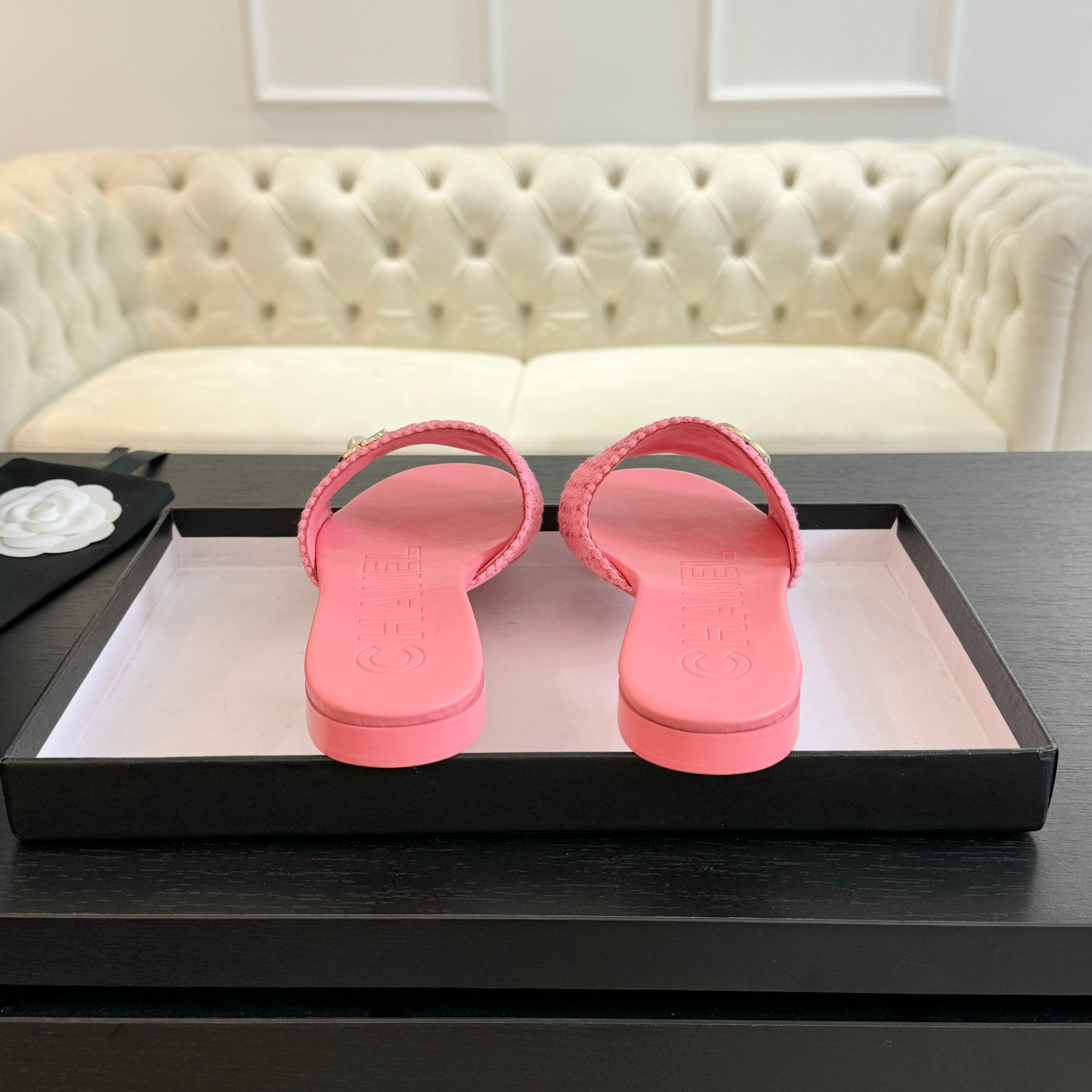 CHANEL BRIGHT PINK WOVEN FLAT SLIPPERS