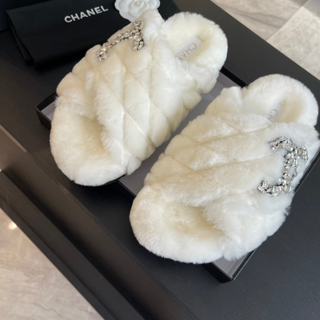 CHANEL WHITE FUR CROSS STRAP SLIPPERS