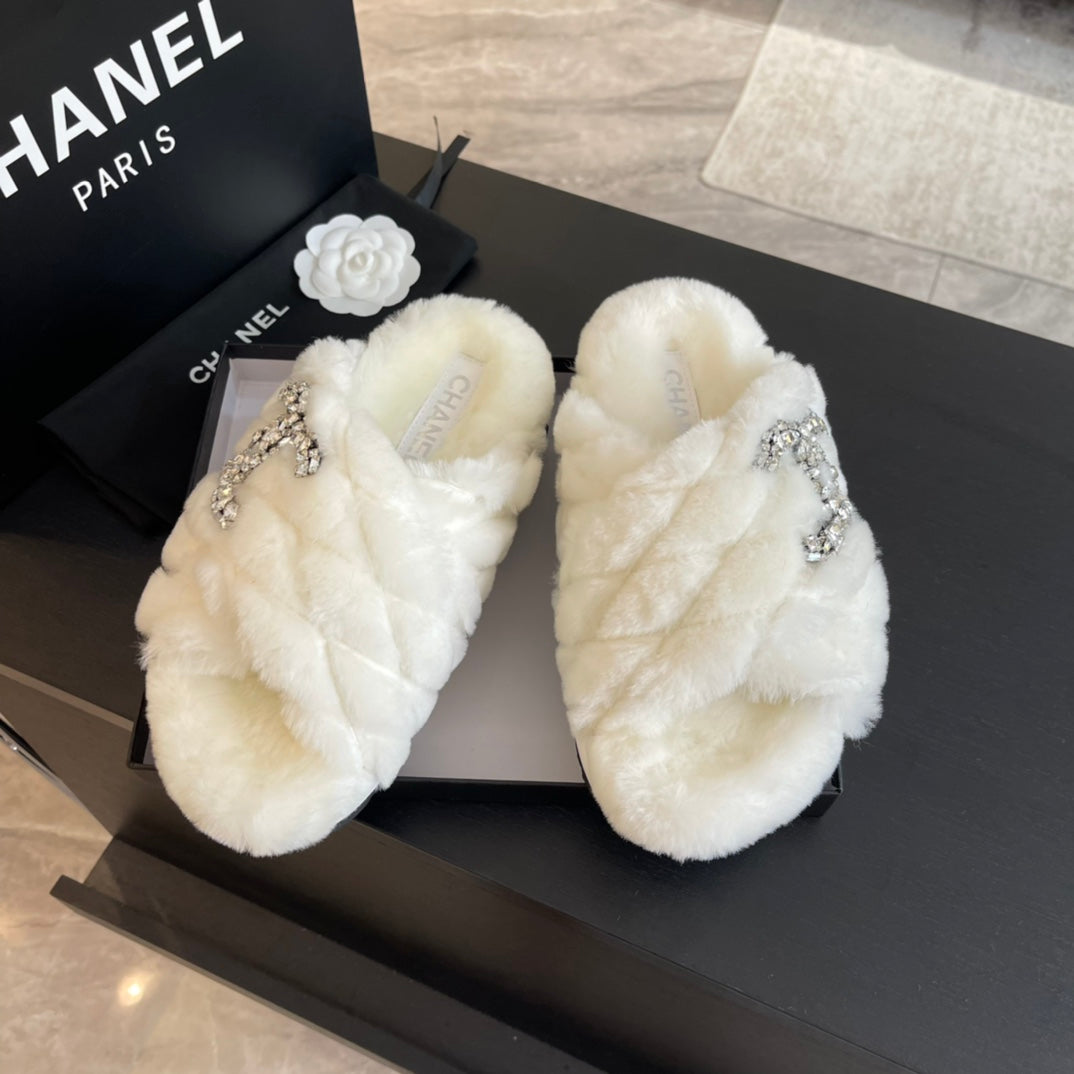CHANEL WHITE FUR CROSS STRAP SLIPPERS