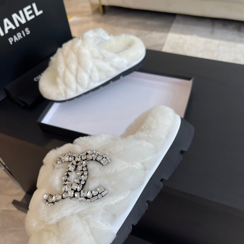 CHANEL WHITE FUR CROSS STRAP SLIPPERS