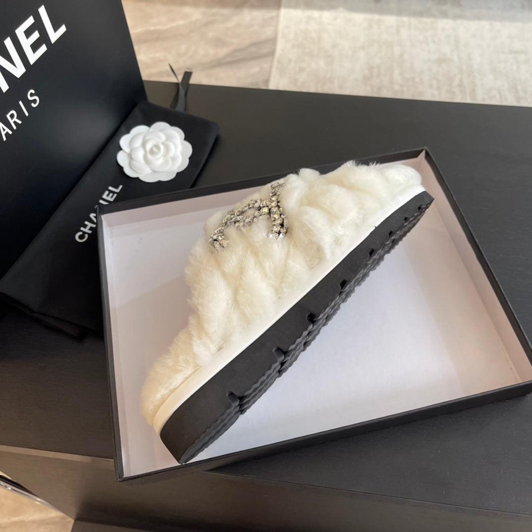 CHANEL WHITE FUR CROSS STRAP SLIPPERS