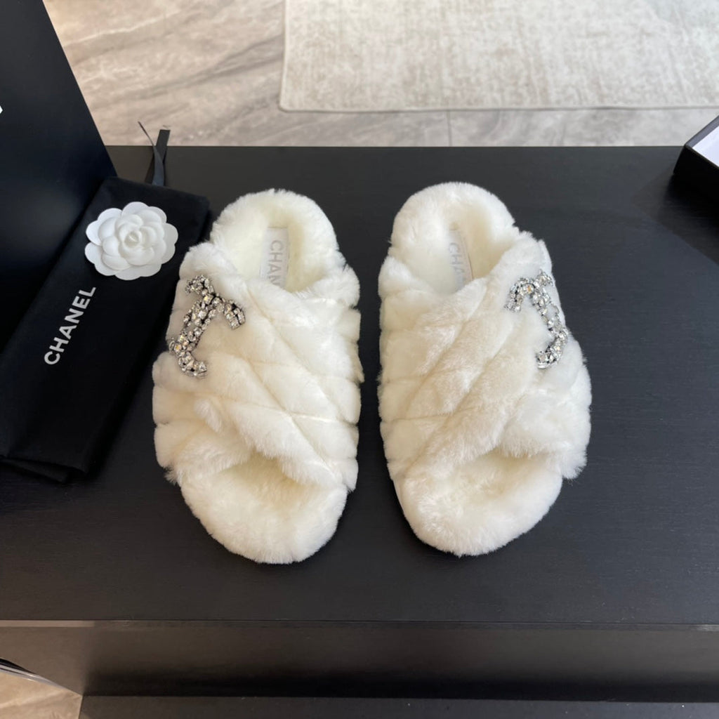 CHANEL WHITE FUR CROSS STRAP SLIPPERS