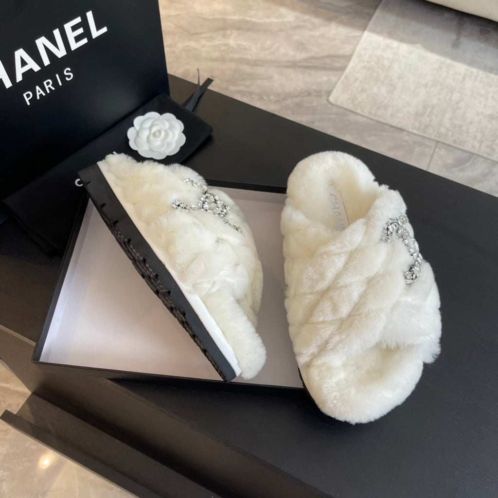 CHANEL WHITE FUR CROSS STRAP SLIPPERS