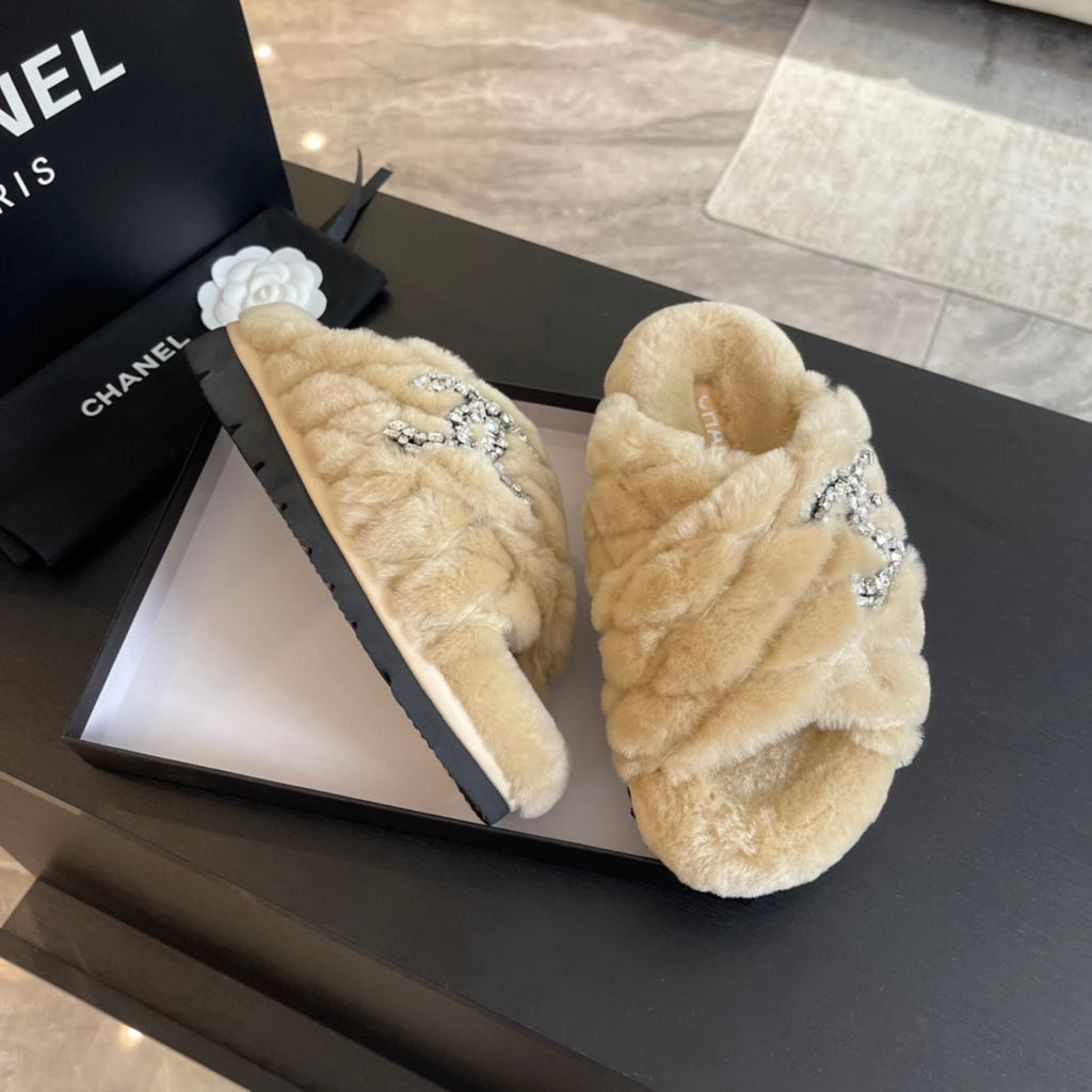 CHANEL BEIGE CREAM FUR CROSS STRAP SLIPPERS