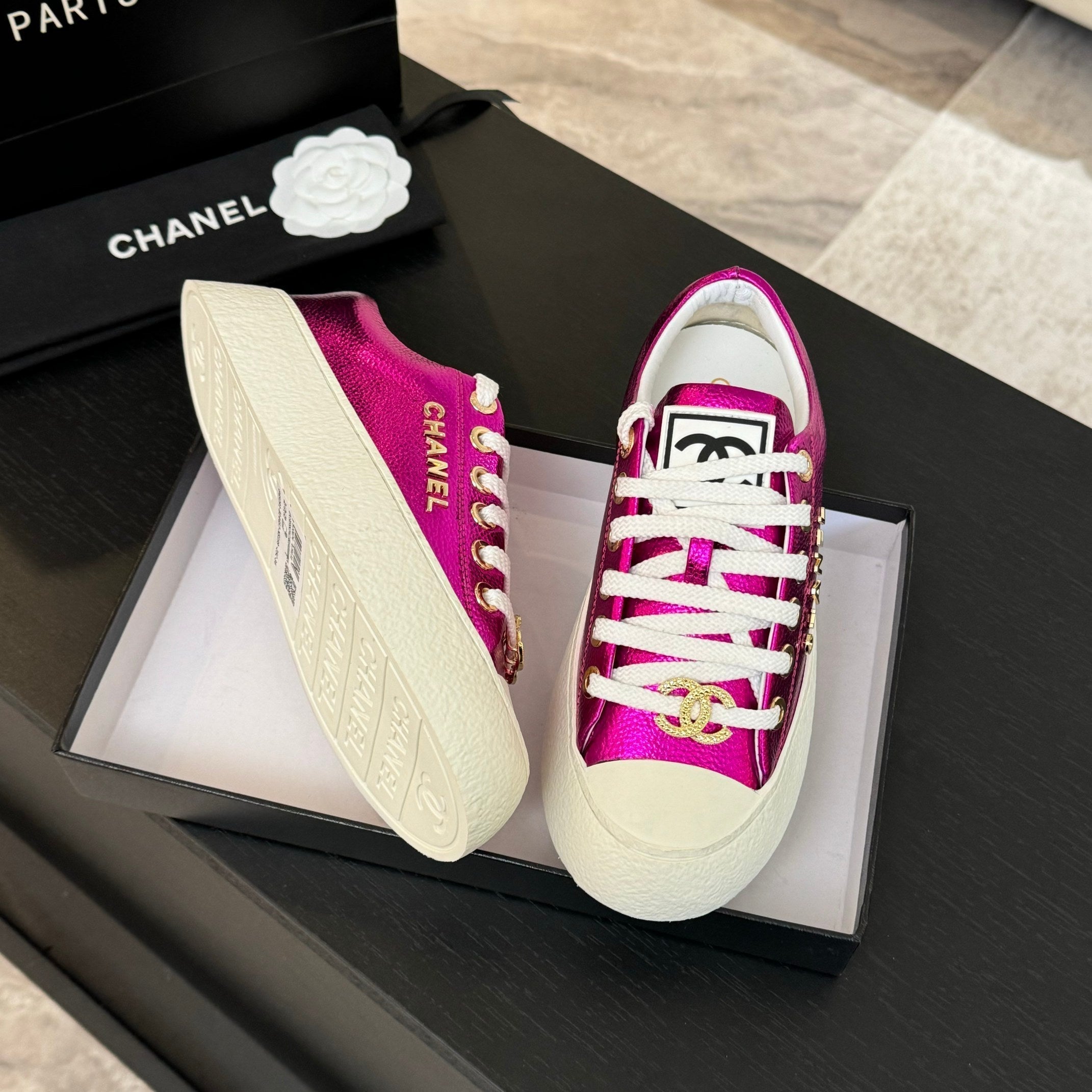 CHANEL BIG-HEAD COOKIE SHOES IN MAGENTA PURPLE LAMBSKIN