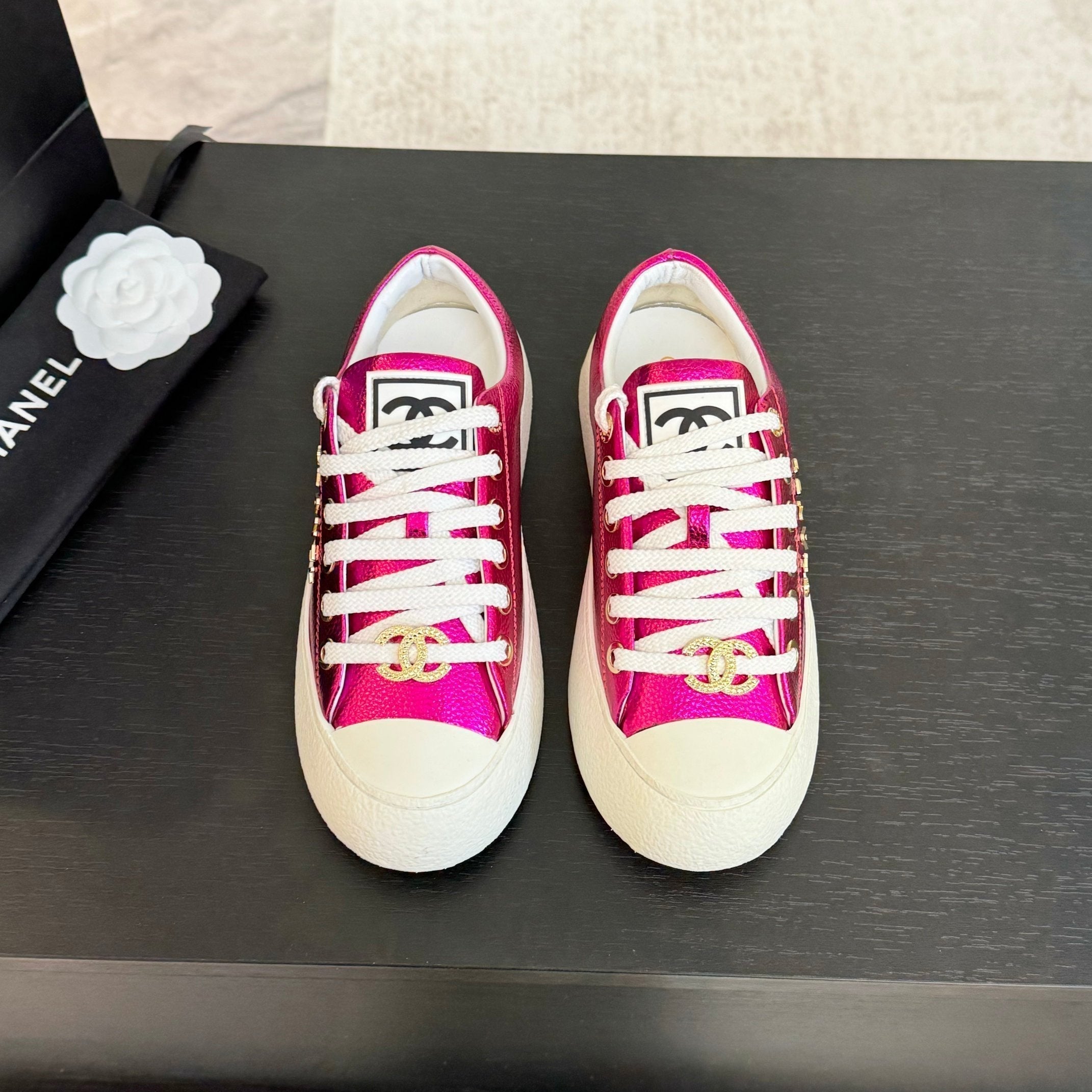 CHANEL BIG-HEAD COOKIE SHOES IN MAGENTA PURPLE LAMBSKIN