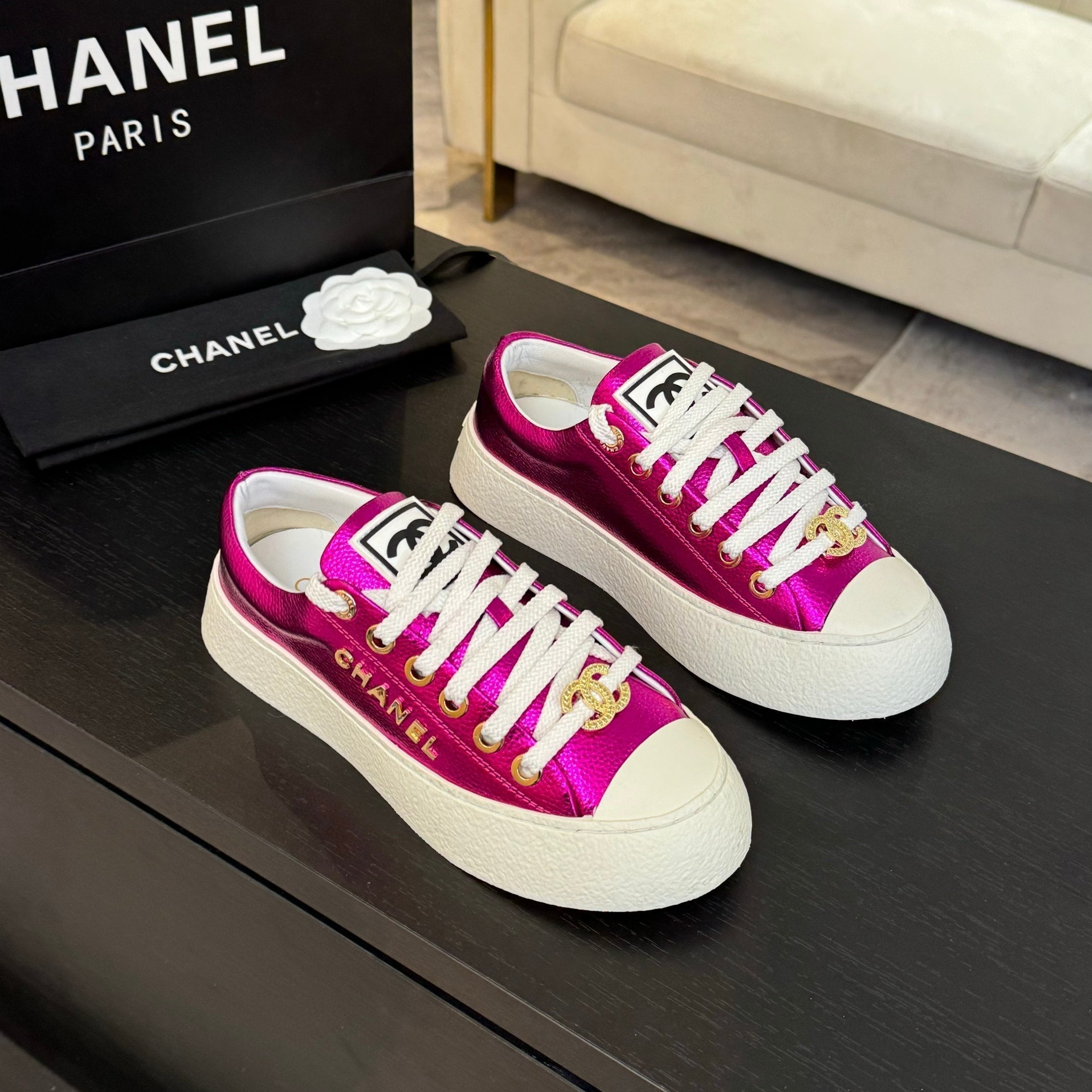 CHANEL BIG-HEAD COOKIE SHOES IN MAGENTA PURPLE LAMBSKIN