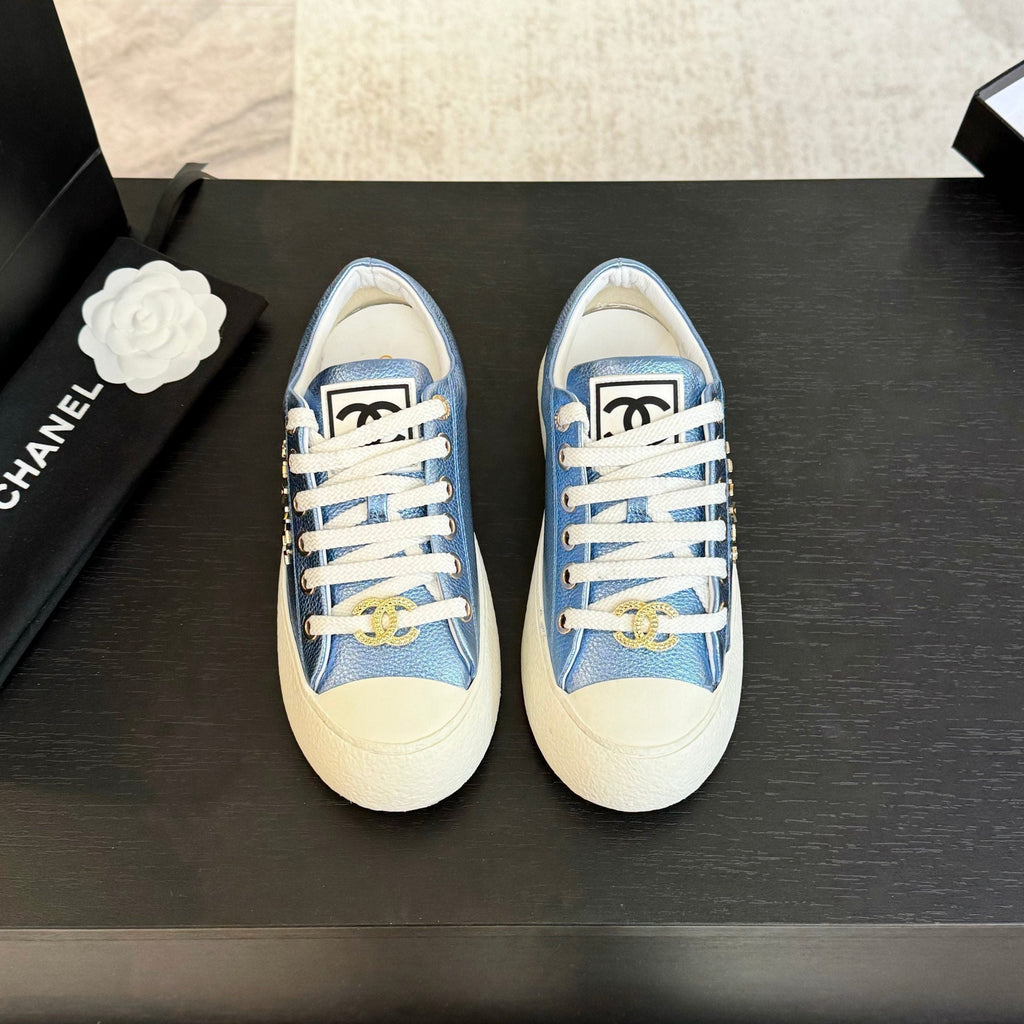 CHANEL BIG-HEAD COOKIE SHOES IN TEAL BLUE MIX WHITE LAMBSKIN