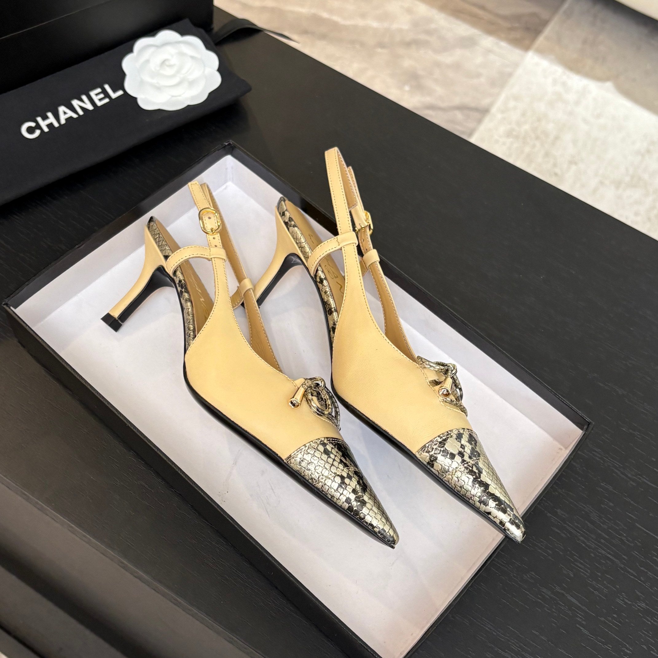 CHANEL HIGH HEEL SLINGBACKS 65 MM IN FLAX YELLOW WITH SNAKESKIN PATTERN LAMBSKIN
