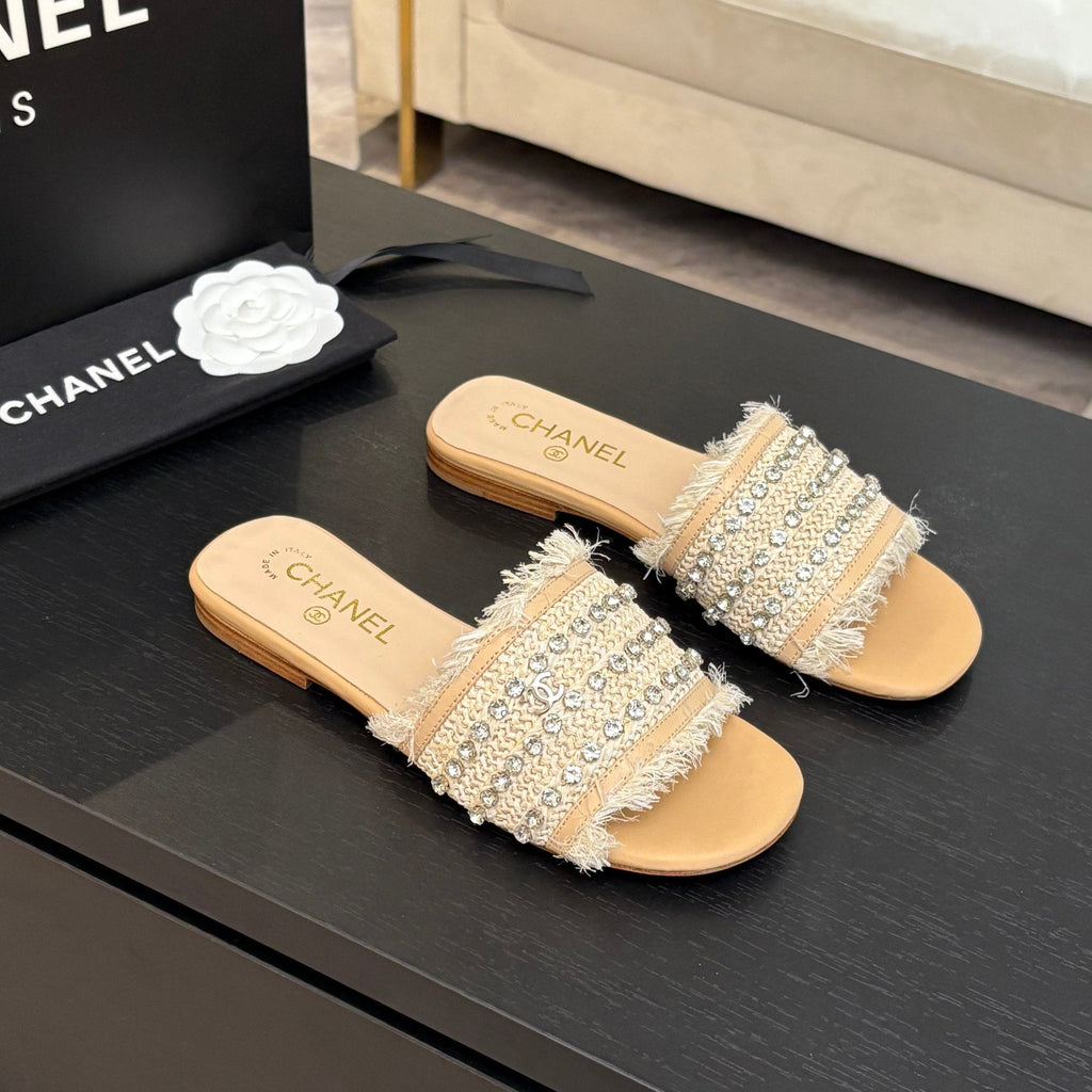 CHANEL FLAT SANDALS BEIGE MIX LIGHT ORANGE WITH CRYSTALS