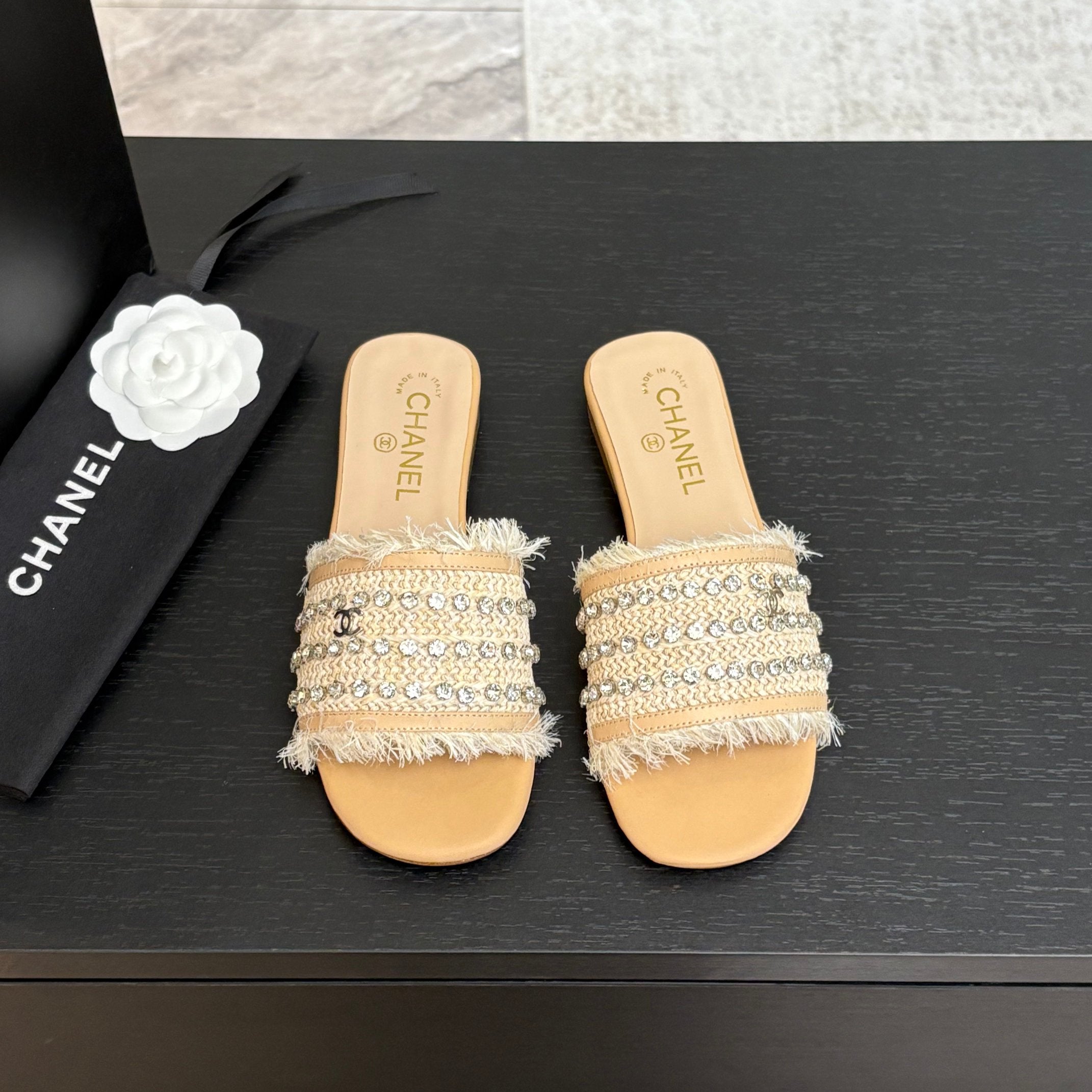 CHANEL FLAT SANDALS BEIGE MIX LIGHT ORANGE WITH CRYSTALS