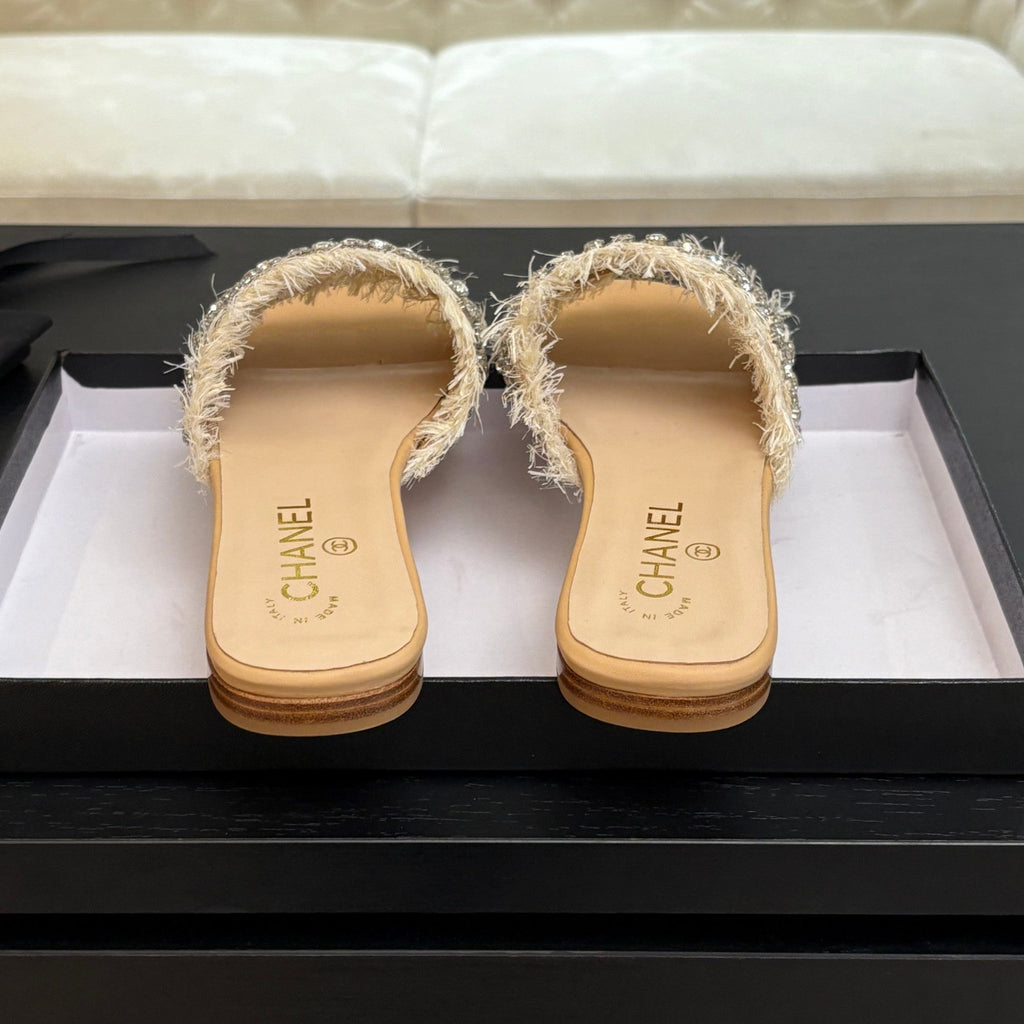 CHANEL FLAT SANDALS BEIGE MIX LIGHT ORANGE WITH CRYSTALS