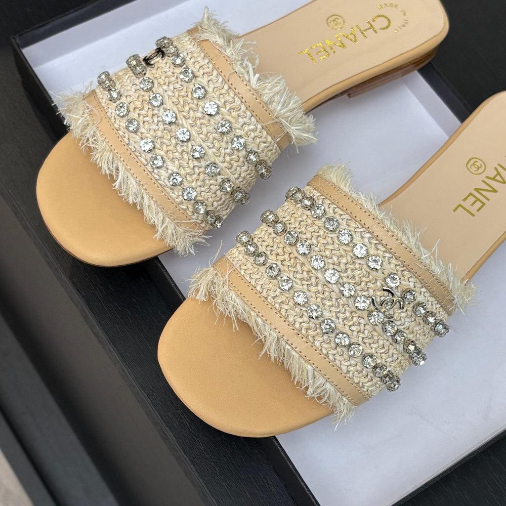 CHANEL FLAT SANDALS BEIGE MIX LIGHT ORANGE WITH CRYSTALS