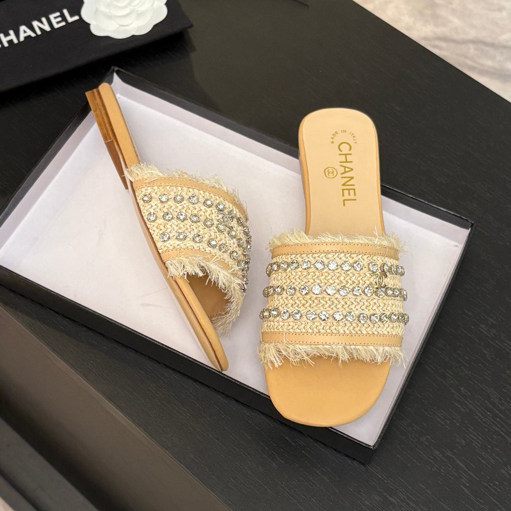 CHANEL FLAT SANDALS BEIGE MIX LIGHT ORANGE WITH CRYSTALS