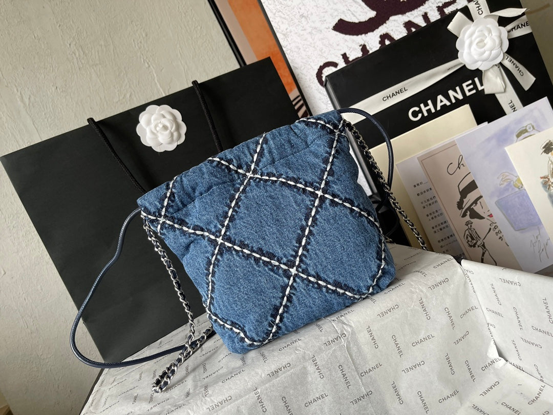 CHANEL MINI 20 CROSSBODY BAG IN BLUE DENIM WITH CHAIN