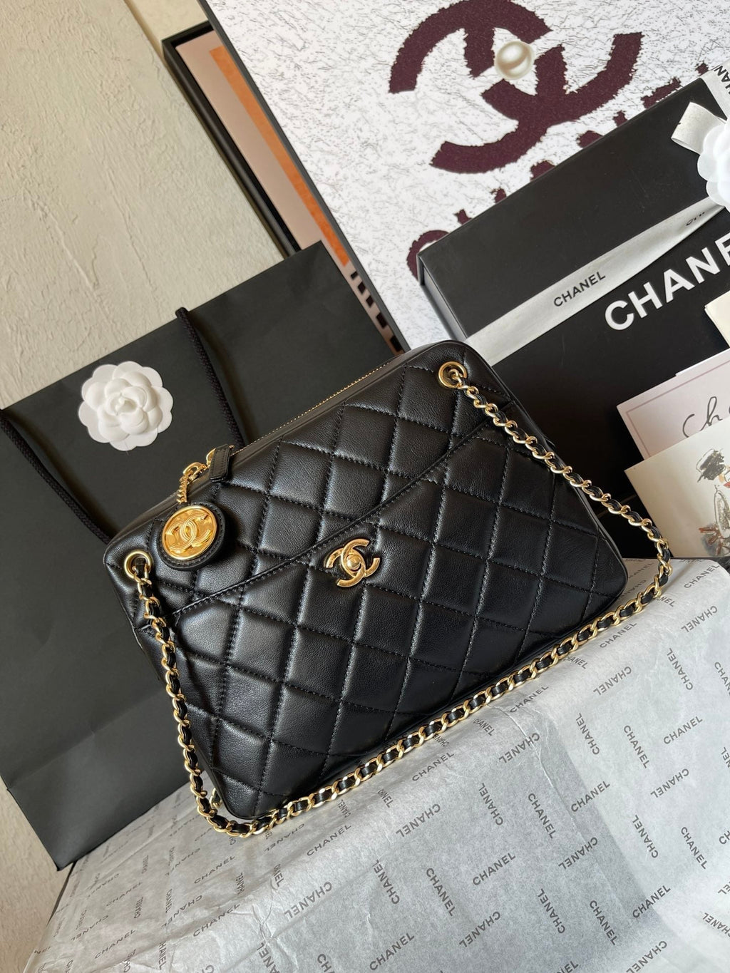 CHANEL CAMERA BAG 24 IN BLACK QUILTED LAMBSKIN DOUBLE C GOLD COIN