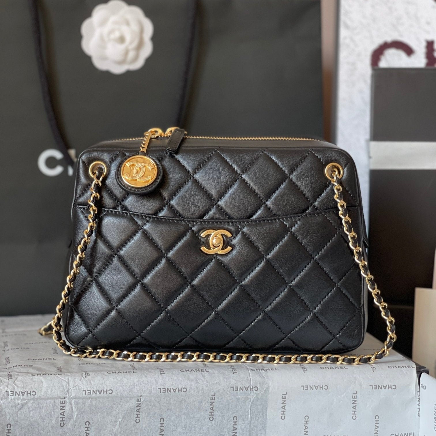 CHANEL CAMERA BAG 24 IN BLACK QUILTED LAMBSKIN DOUBLE C GOLD COIN