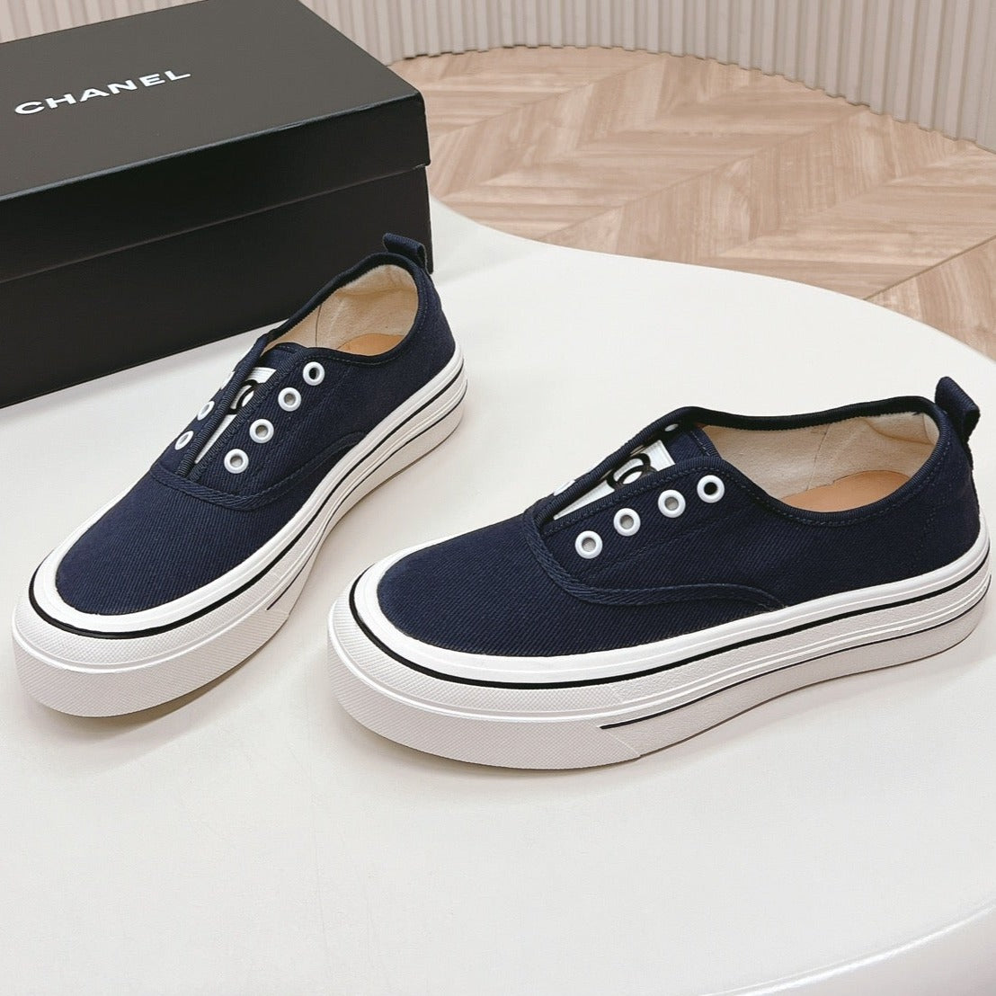 CHANEL Double C Platform Biscuit Shoes Fabric Navy Blue