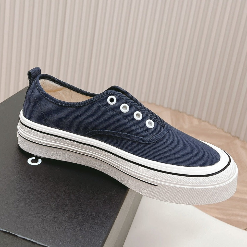 CHANEL Double C Platform Biscuit Shoes Fabric Navy Blue