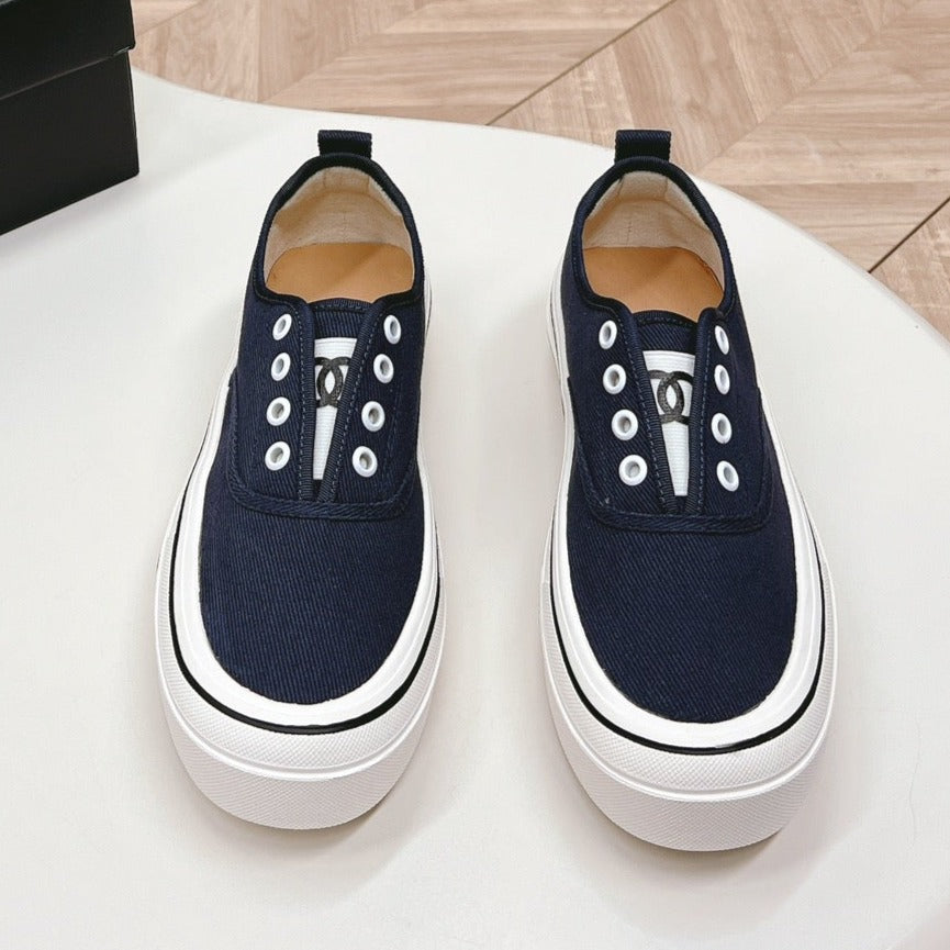 CHANEL Double C Platform Biscuit Shoes Fabric Navy Blue