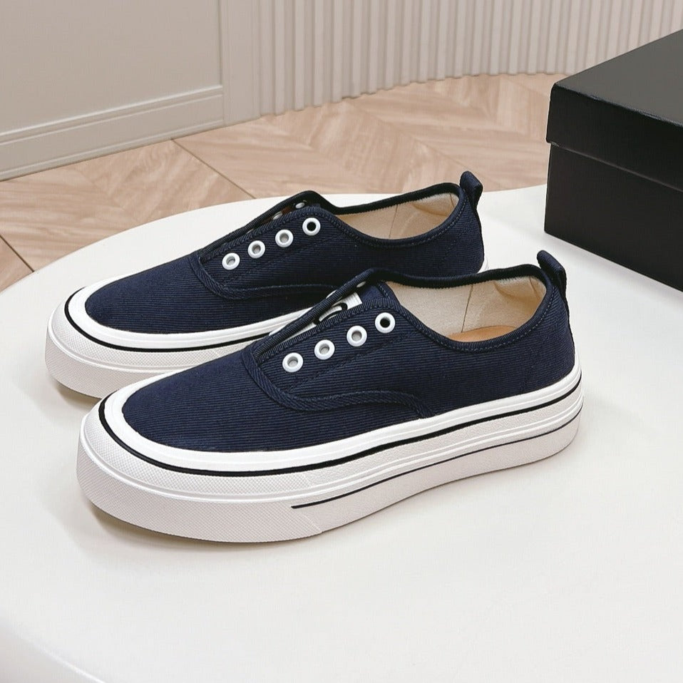 CHANEL Double C Platform Biscuit Shoes Fabric Navy Blue