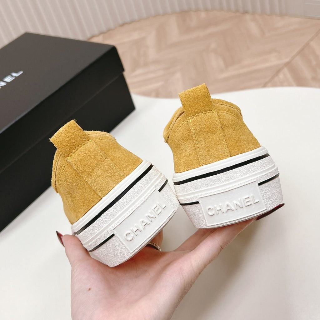 CHANEL Double C Platform Biscuit Shoes Fabric Amber Yellow