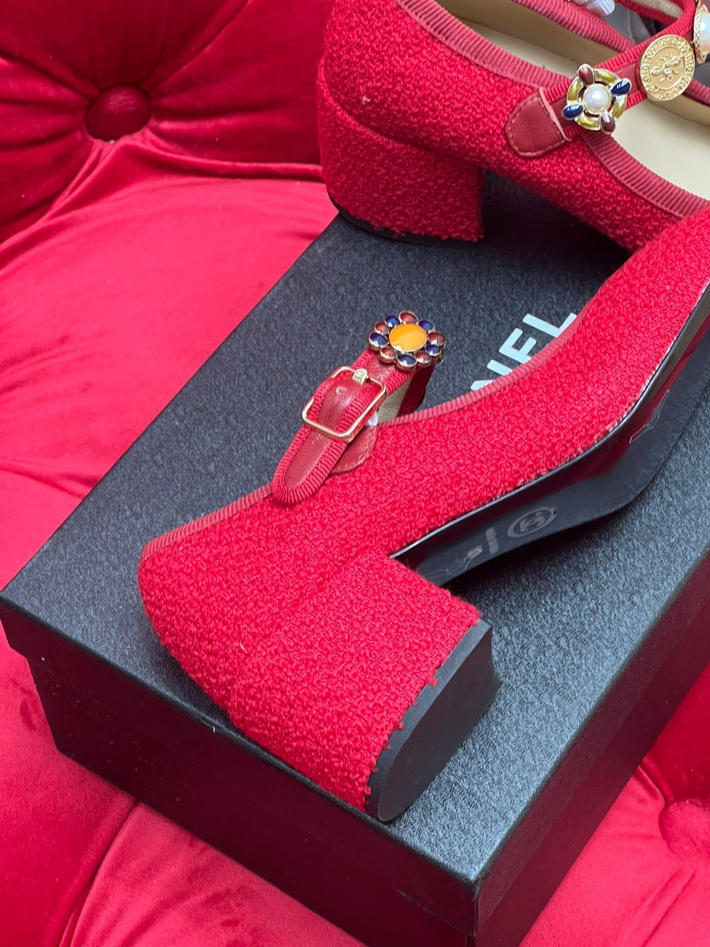 CHANEL HIGH MARY JANE SHOES CHERRY RED WOOL TWEED