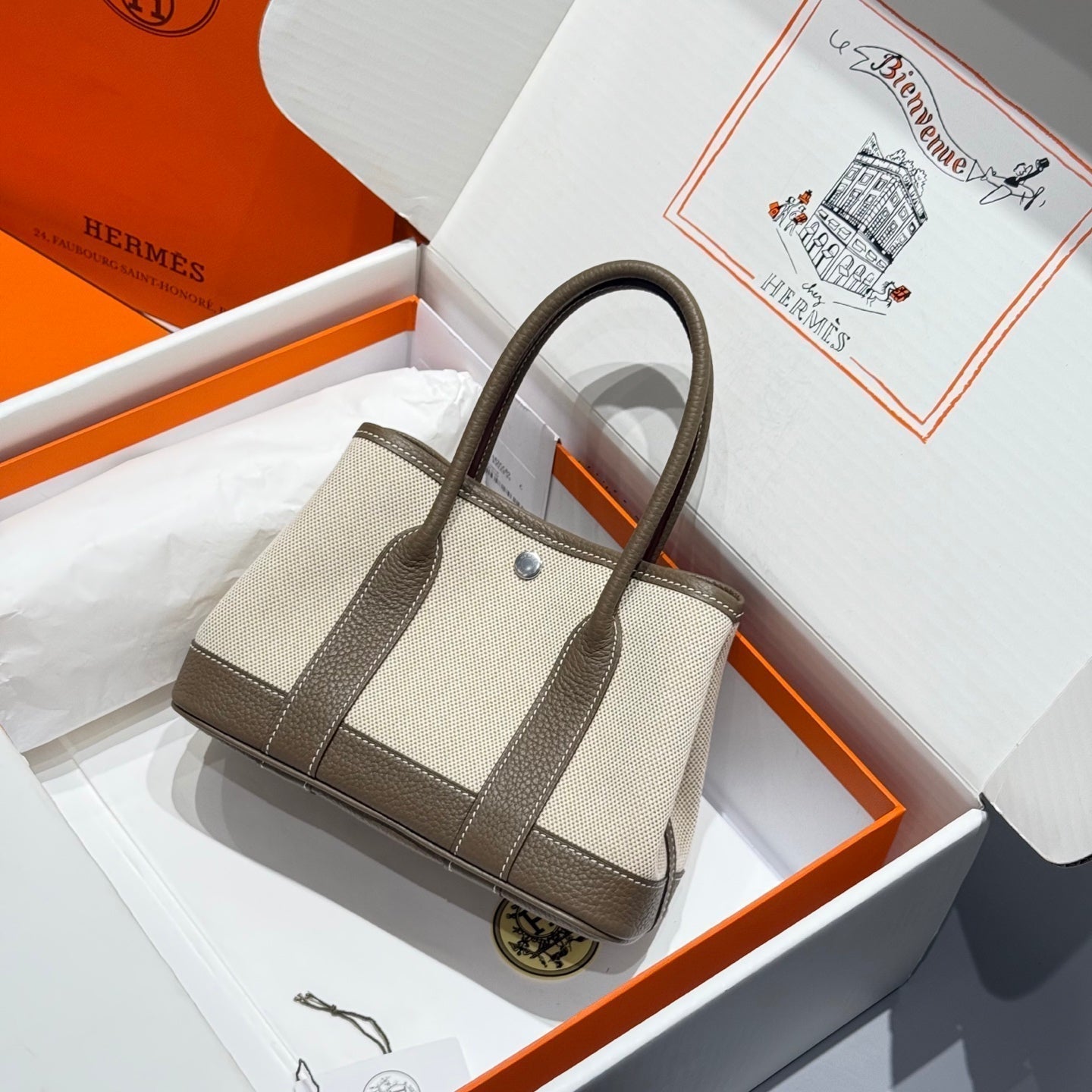 HERMES GARDEN PARTY 23CM IN WHITE TOILETS COTTON CANVAS AND TAUPE CALFSKIN