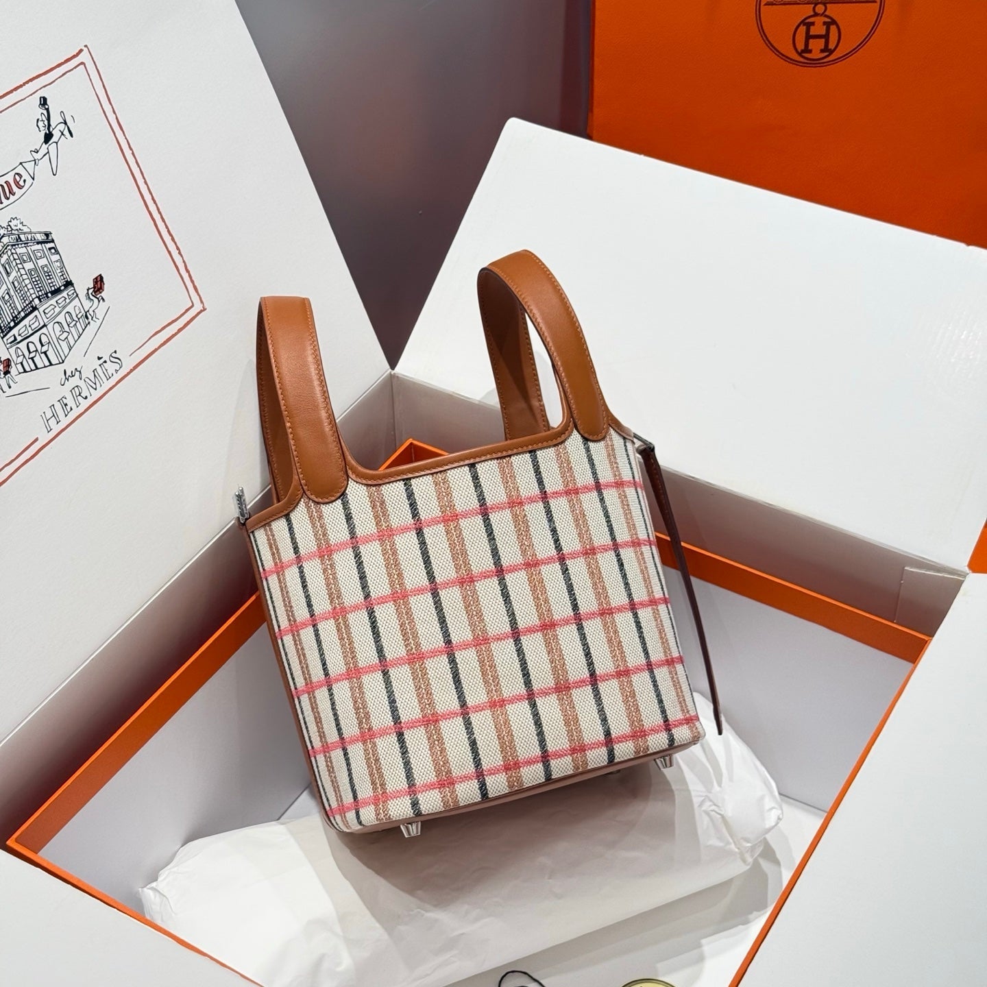 HERMES PICOTIN LOCK 18 BAG IN GOLD CALFSKIN ÉCRU/BEIGE/FAUVE/ROSE POP/NOIR EMBROIDERY PLAID CANVAS