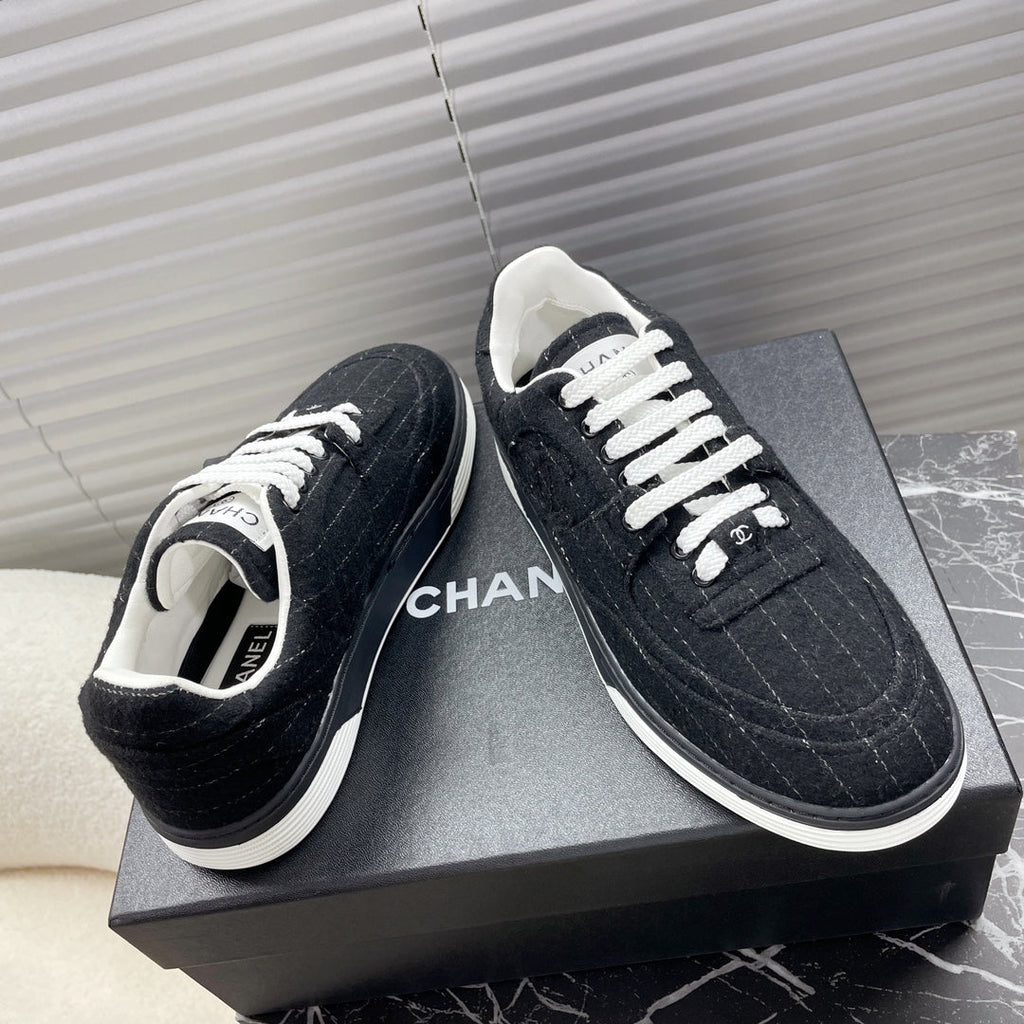 CHANEL TRAINER SHOES IN BLACK WOOL FABRIC