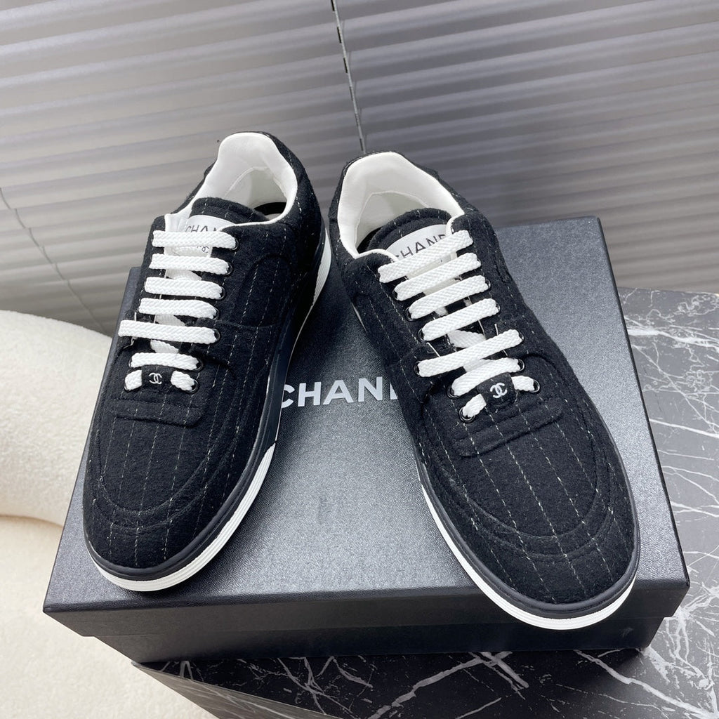 CHANEL TRAINER SHOES IN BLACK WOOL FABRIC