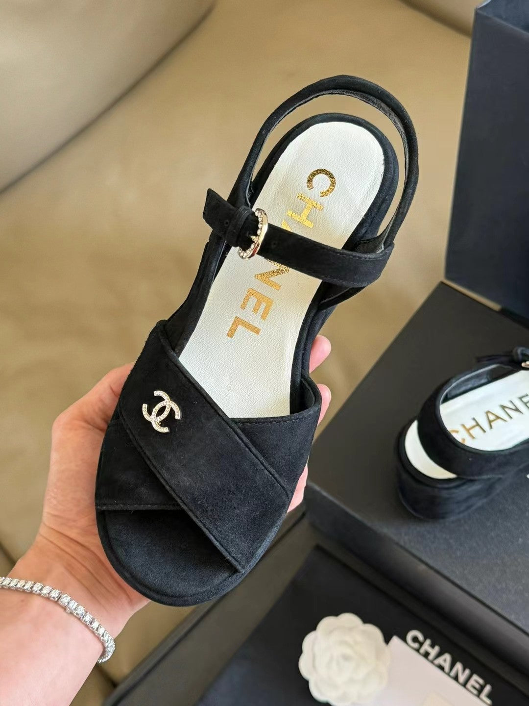 CHANEL CLASSIC WEDGE SANDALS IN BLACK LAMBSKIN SUEDE