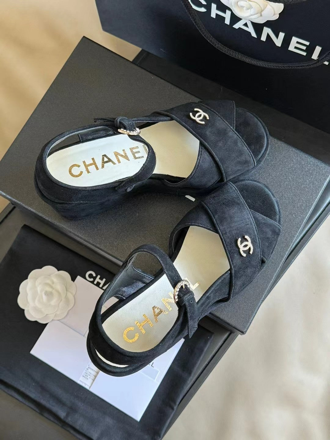 CHANEL CLASSIC WEDGE SANDALS IN BLACK LAMBSKIN SUEDE
