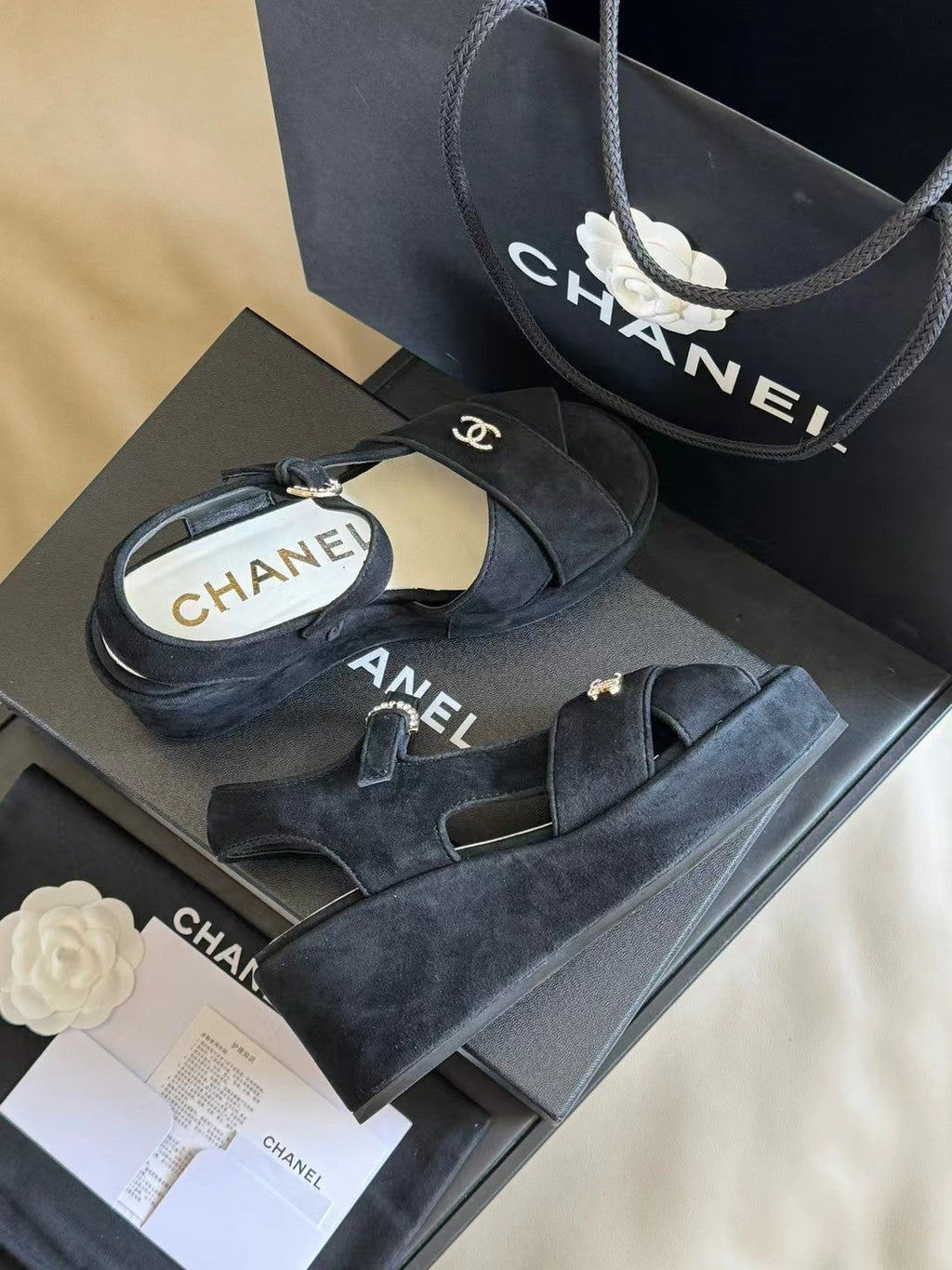 CHANEL CLASSIC WEDGE SANDALS IN BLACK LAMBSKIN SUEDE