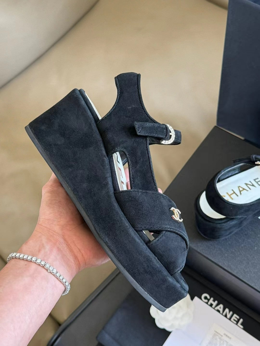 CHANEL CLASSIC WEDGE SANDALS IN BLACK LAMBSKIN SUEDE