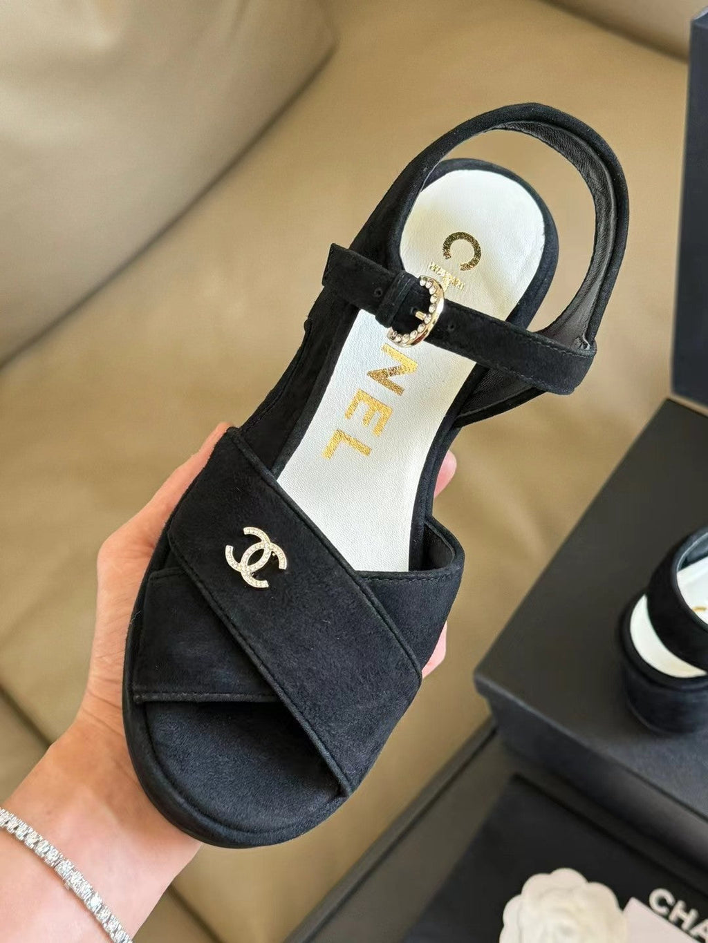 CHANEL CLASSIC WEDGE SANDALS IN BLACK LAMBSKIN SUEDE