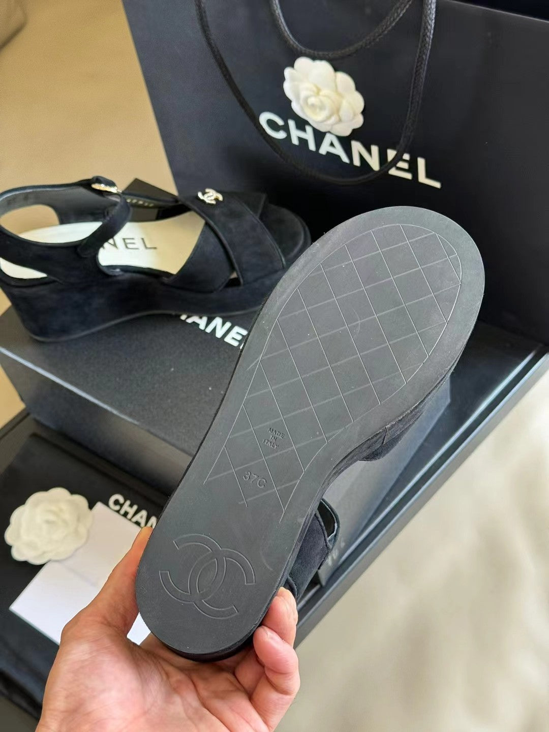 CHANEL CLASSIC WEDGE SANDALS IN BLACK LAMBSKIN SUEDE
