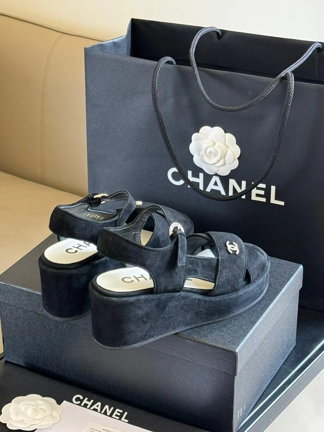 CHANEL CLASSIC WEDGE SANDALS IN BLACK LAMBSKIN SUEDE