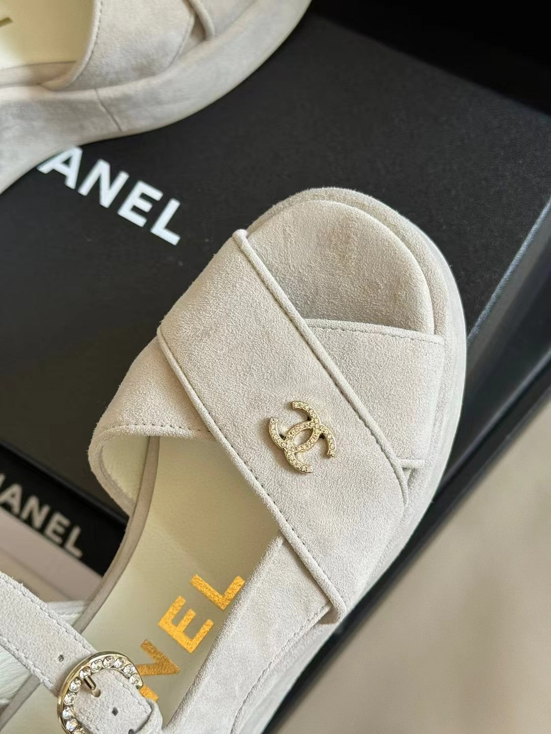 CHANEL CLASSIC WEDGE SANDALS IN WHITE LAMBSKIN SUEDE