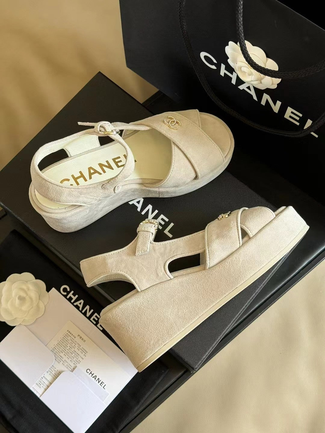 CHANEL CLASSIC WEDGE SANDALS IN WHITE LAMBSKIN SUEDE