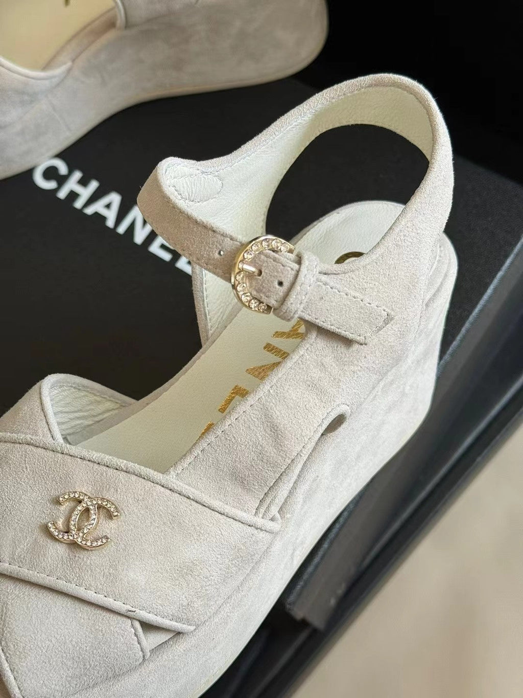 CHANEL CLASSIC WEDGE SANDALS IN WHITE LAMBSKIN SUEDE