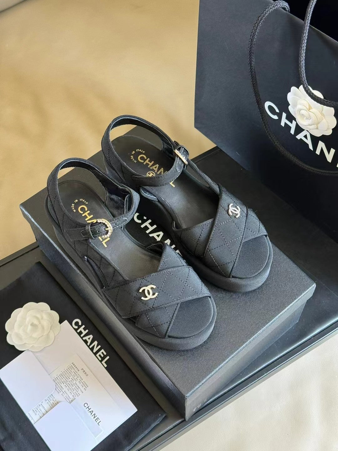 CHANEL CLASSIC WEDGE SANDALS IN BLACK FABRIC