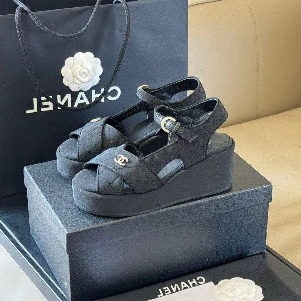 CHANEL CLASSIC WEDGE SANDALS IN BLACK FABRIC