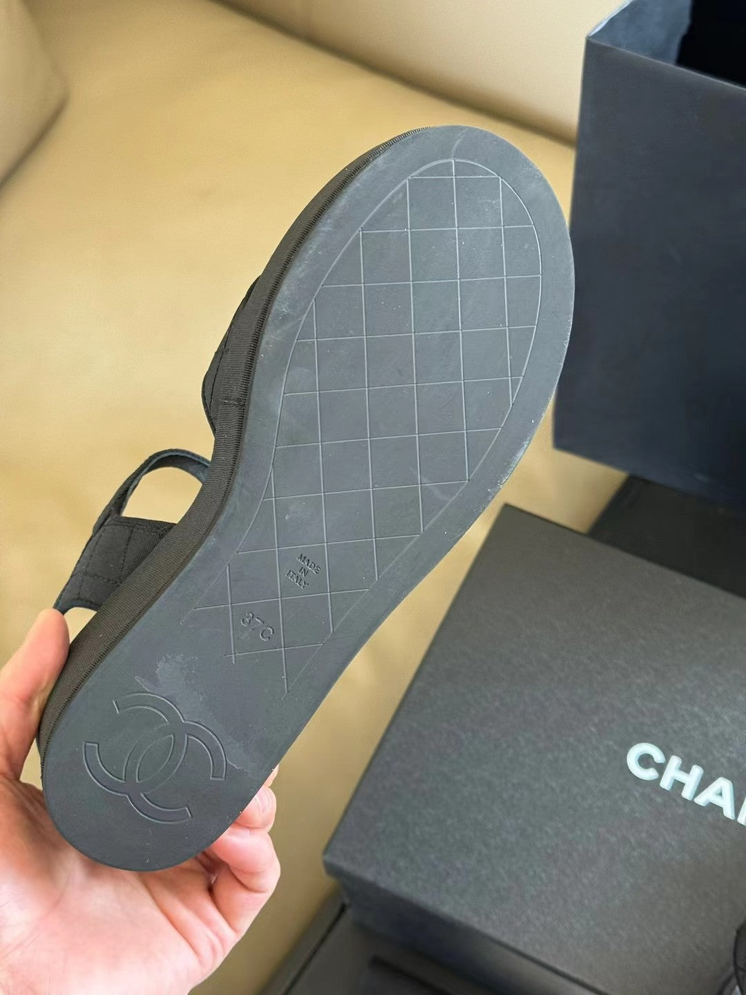 CHANEL CLASSIC WEDGE SANDALS IN BLACK FABRIC