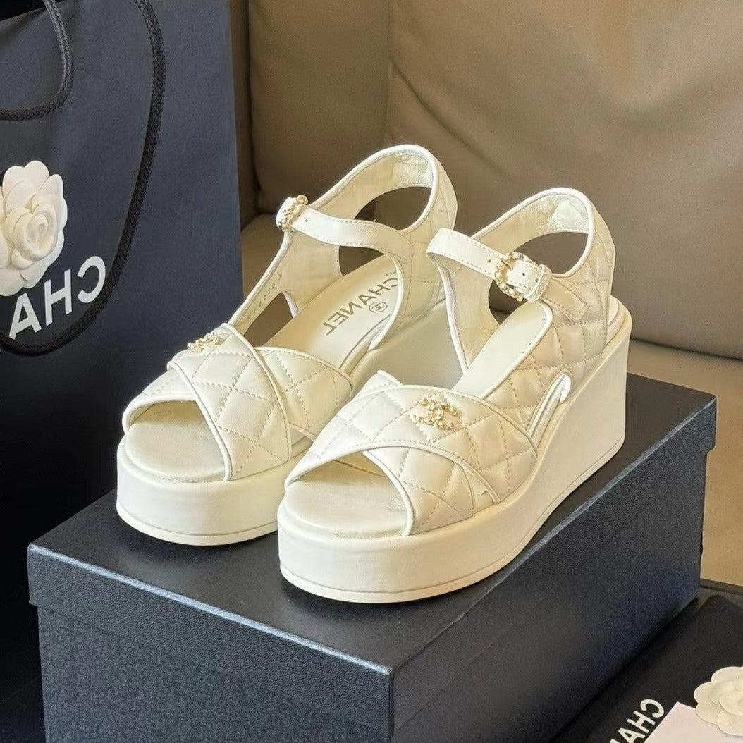 CHANEL CLASSIC WEDGE SANDALS IN WHITE LAMBSKIN