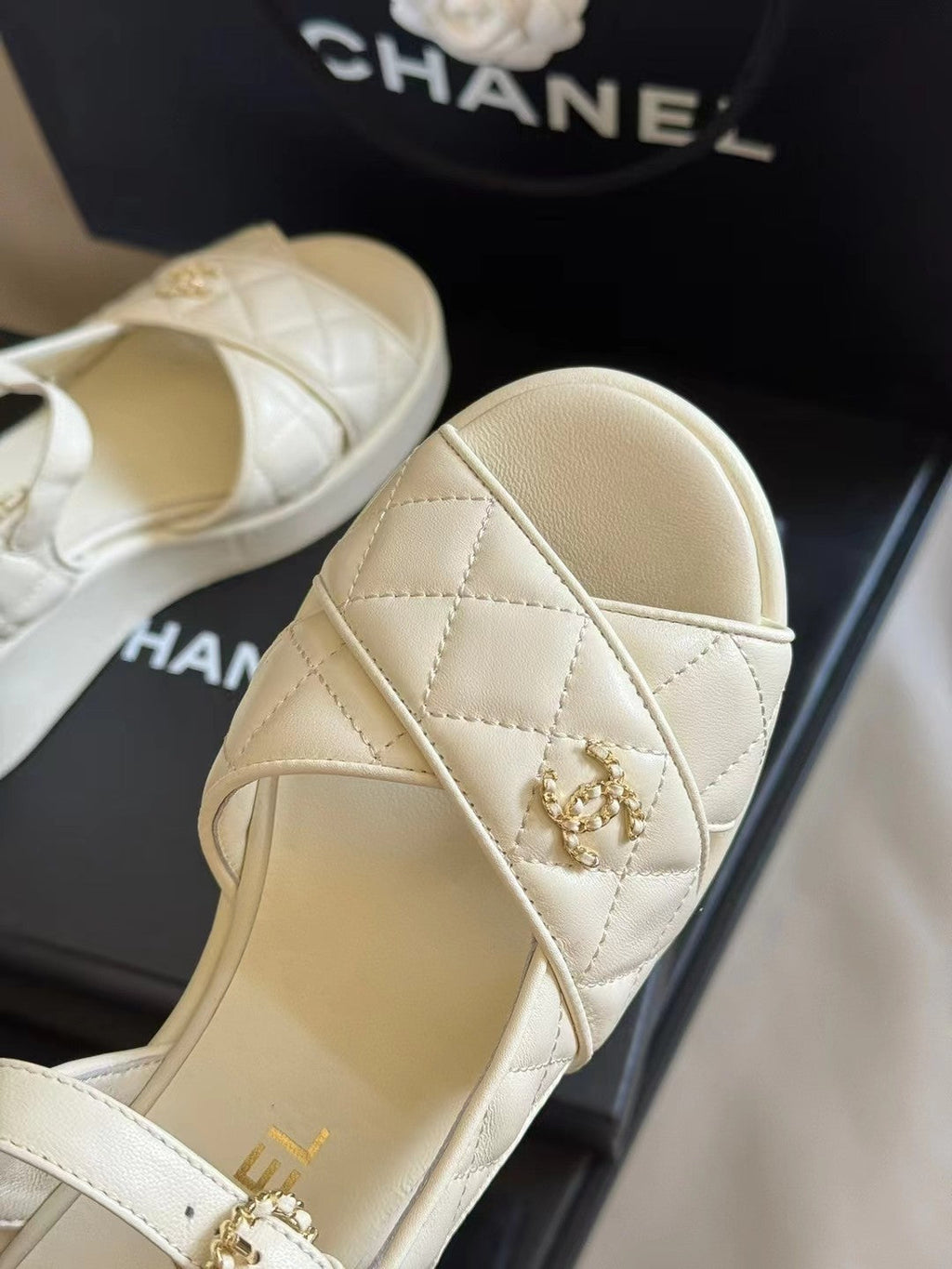 CHANEL CLASSIC WEDGE SANDALS IN WHITE LAMBSKIN