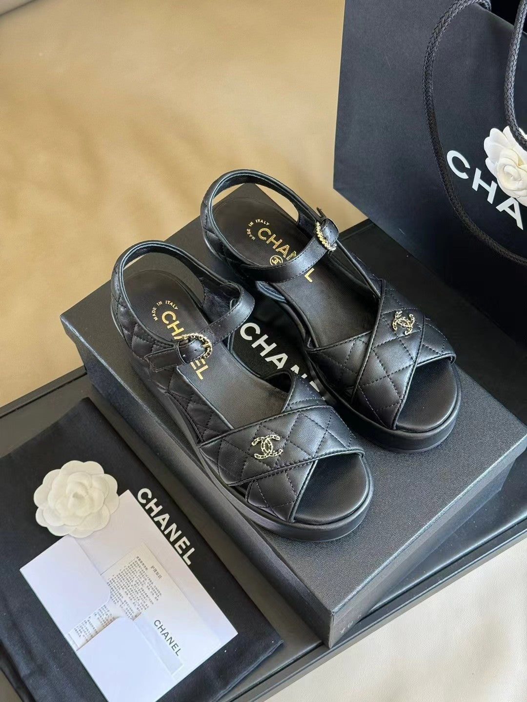 CHANEL CLASSIC WEDGE SANDALS IN BLACK LAMBSKIN